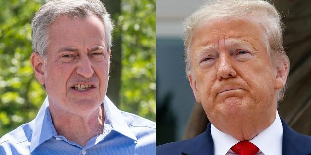 El alcalde demócrata de la ciudad de Nueva York, Bill de Blasio, a la izquierda, fue blanco de un editorial abrasador sobre la Gran Manzana que el presidente Trump retuiteó el viernes.